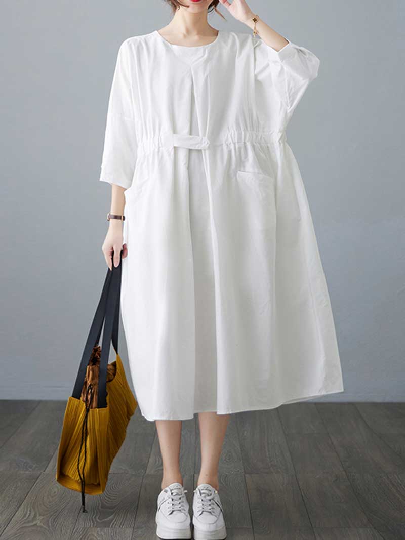 Round Neck Three Quarter Sleeve Gathered Waist Pleated Pocket A-Line Midi Dress
