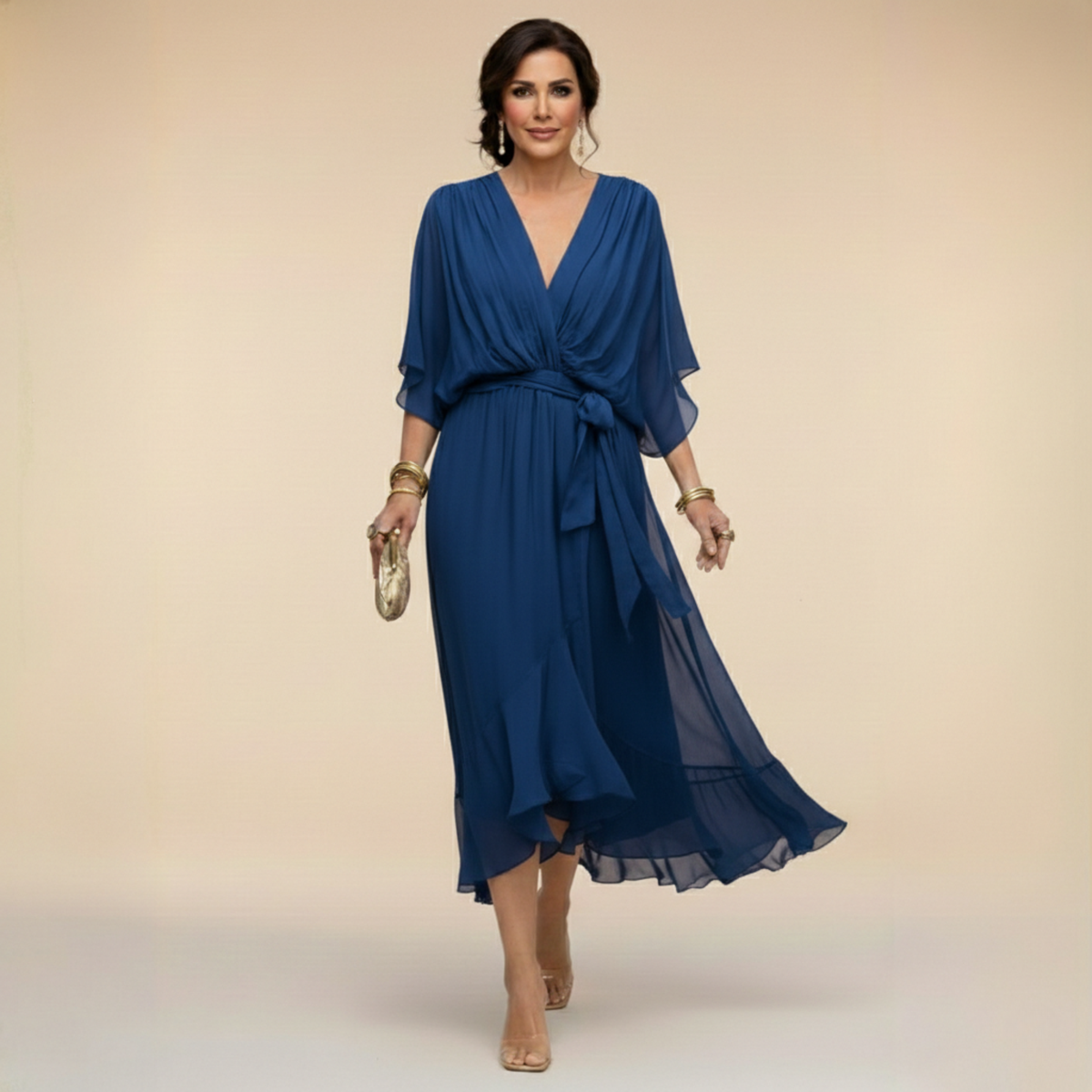 Chiffon Deep V-Neck Flutter Sleeve Tie Waist Ruffle Midi Dress