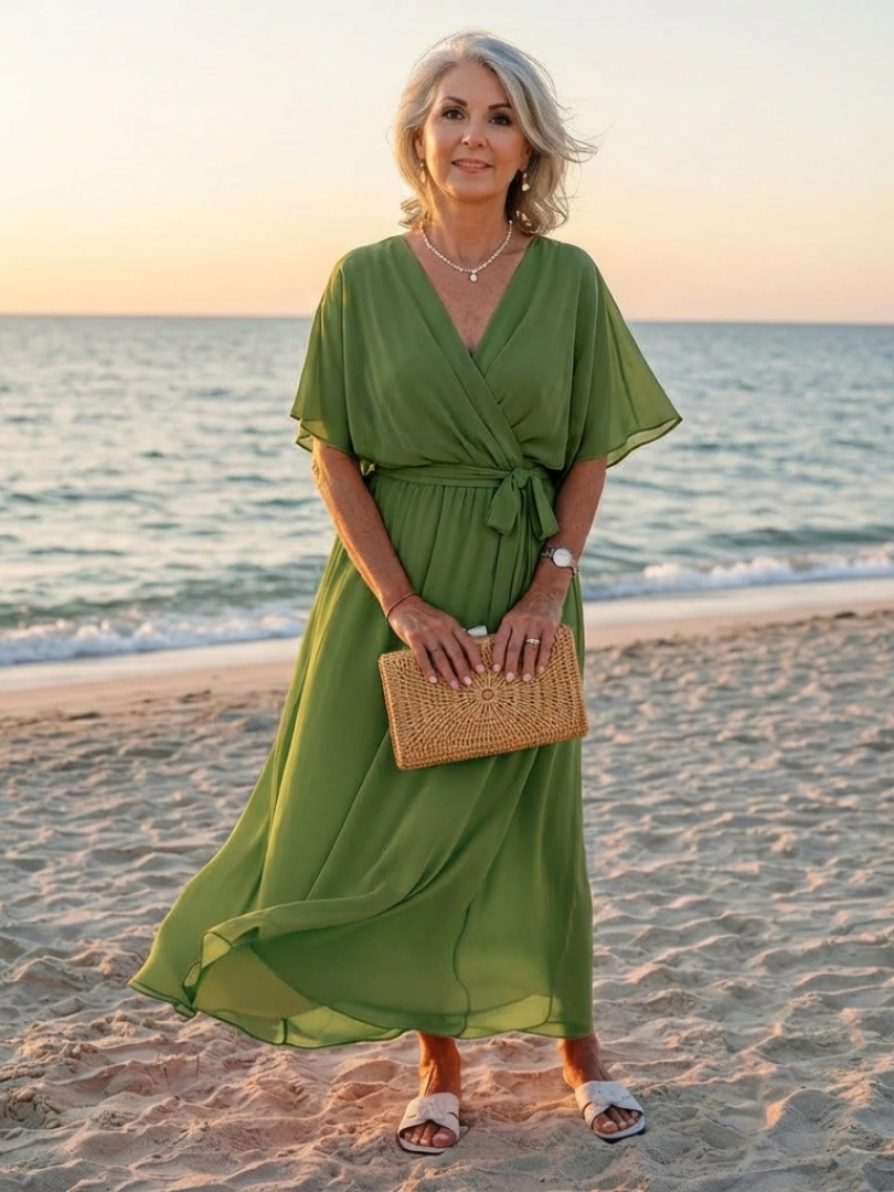 V-Neck Kimono Sleeve Tie Waist High Low Midi Dress