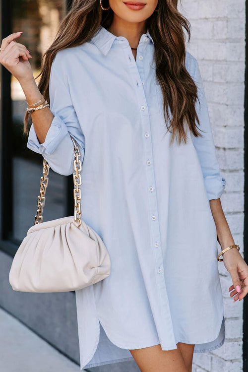 Stay Sunny Long Sleeve Shirt Mini Dress - 4 Colors Blue