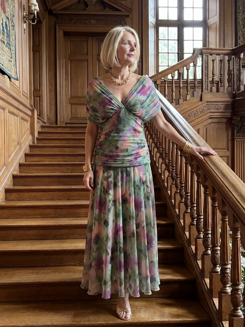 Floral Print Off Shoulder Twist Front Ruched Maxi Dress
