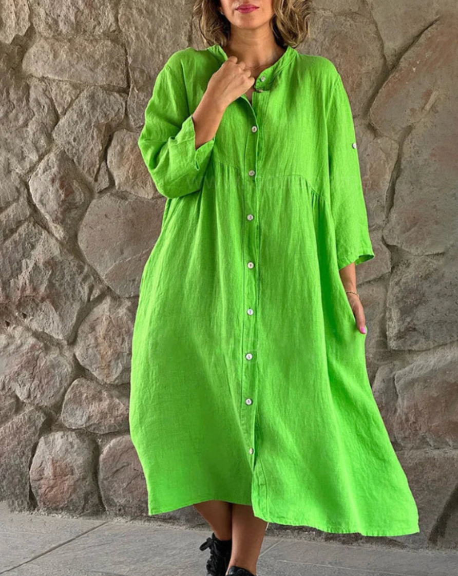 Button Down Three Quarter Sleeve Roll Tab Empire Waist Midi Shirt Dress