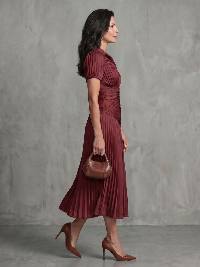 Collared V-Neck Short Sleeve Ruched Pleated Striped Midi Dress 6