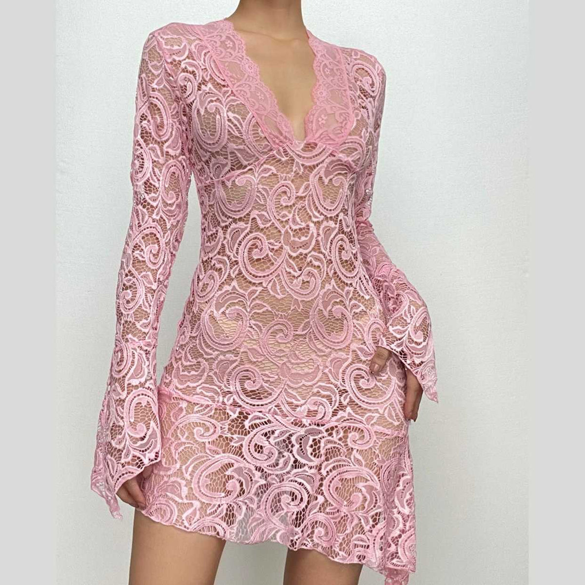 Sheer Lace V-Neck Flared Long Sleeve Asymmetric Hem Mini Dress 4