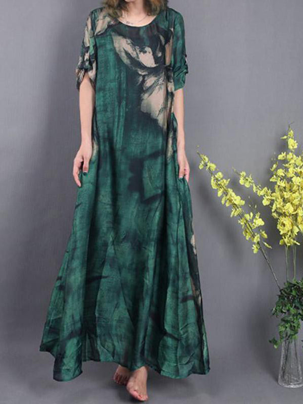 Abstract Print Oversized Round Neck Short Sleeve A-Line Maxi Dress