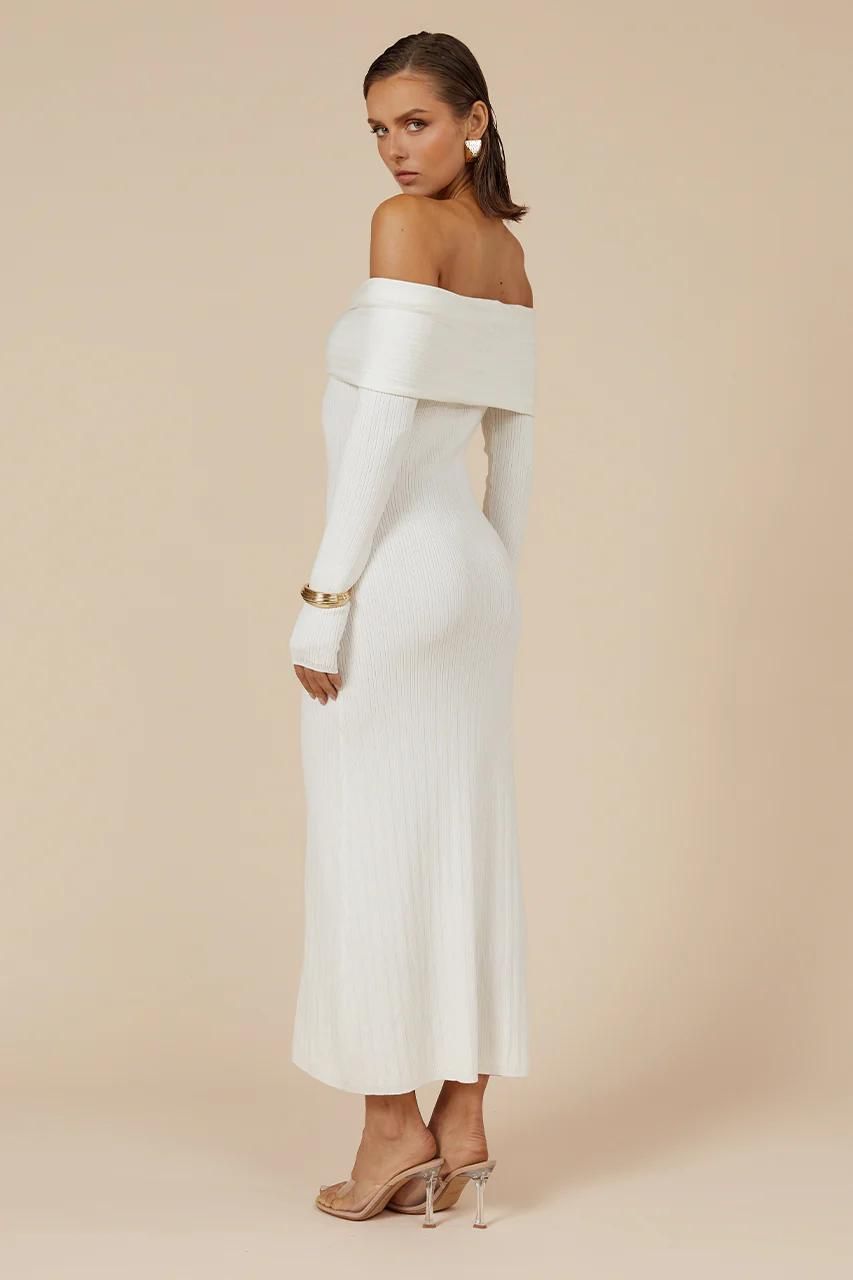 Off Shoulder Long Sleeve Ribbed Knit Twist Front Maxi Dress 9