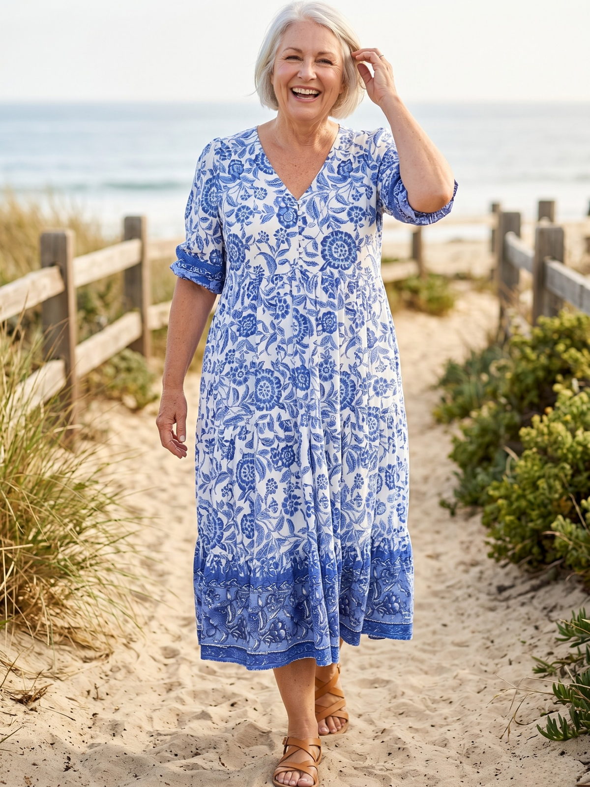 KEISHA™ - GRACEFUL V-NECK FLORAL MIDI DRESS