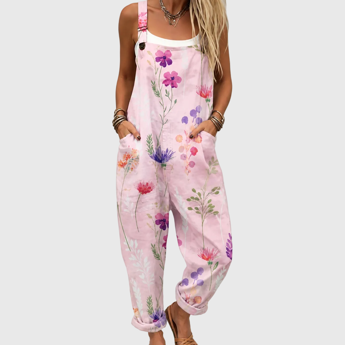 Floral Print Sleeveless Pocket Overall Jumpsuit