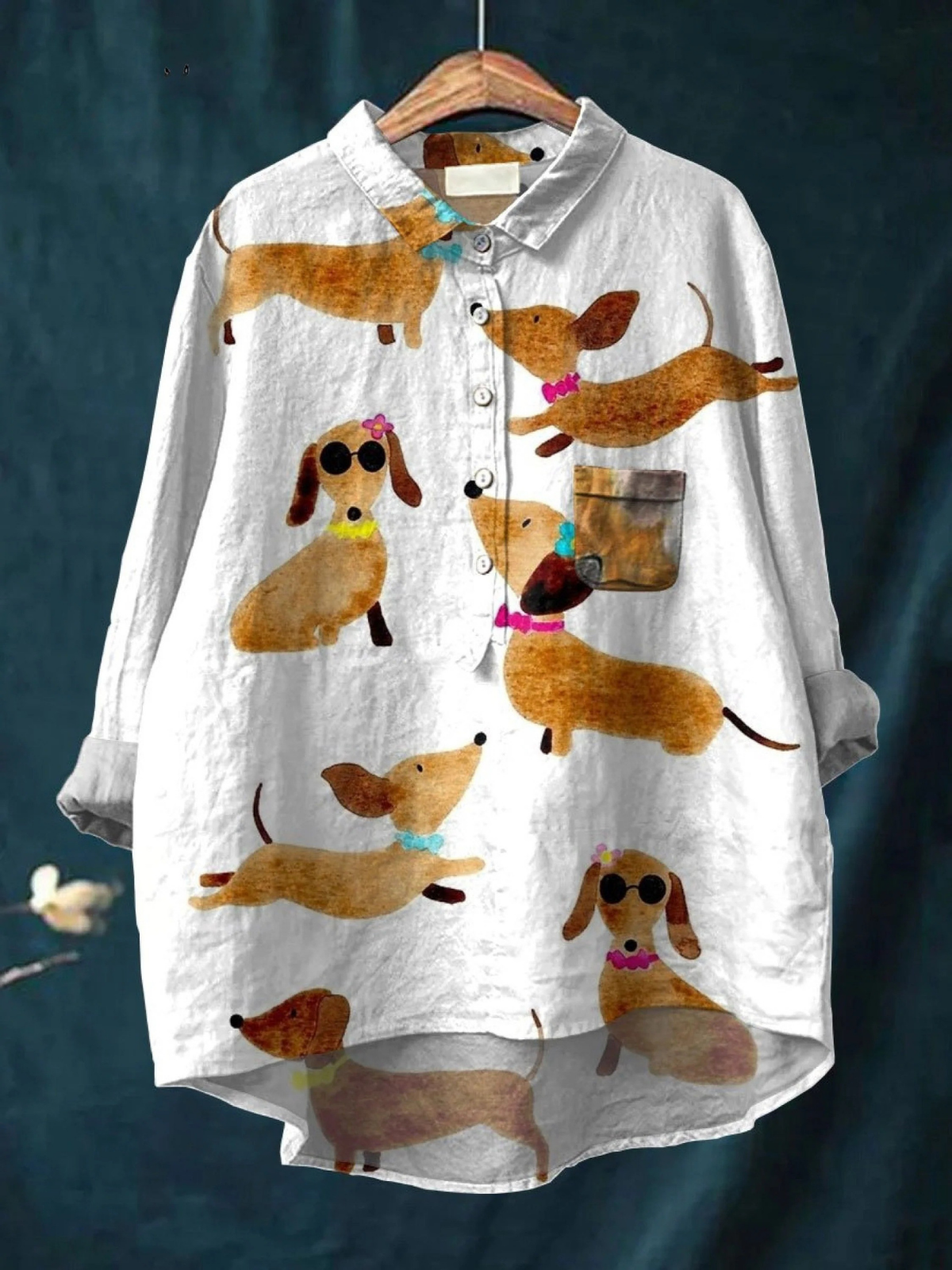 Dachshund Print Button Front Long Sleeve Shirt