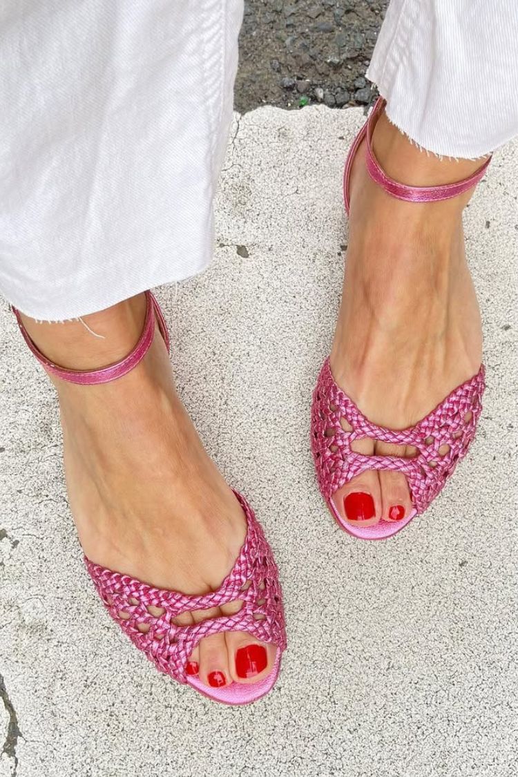 Woven Peep Toe Ankle Strap Flat Sandals