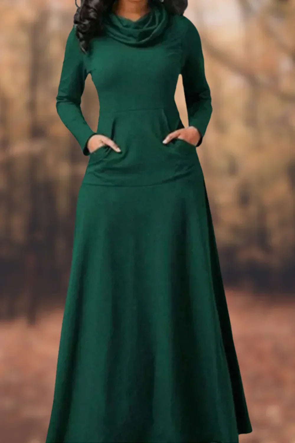 Knit Cowl Neck Long Sleeve Kangaroo Pocket Maxi Dress