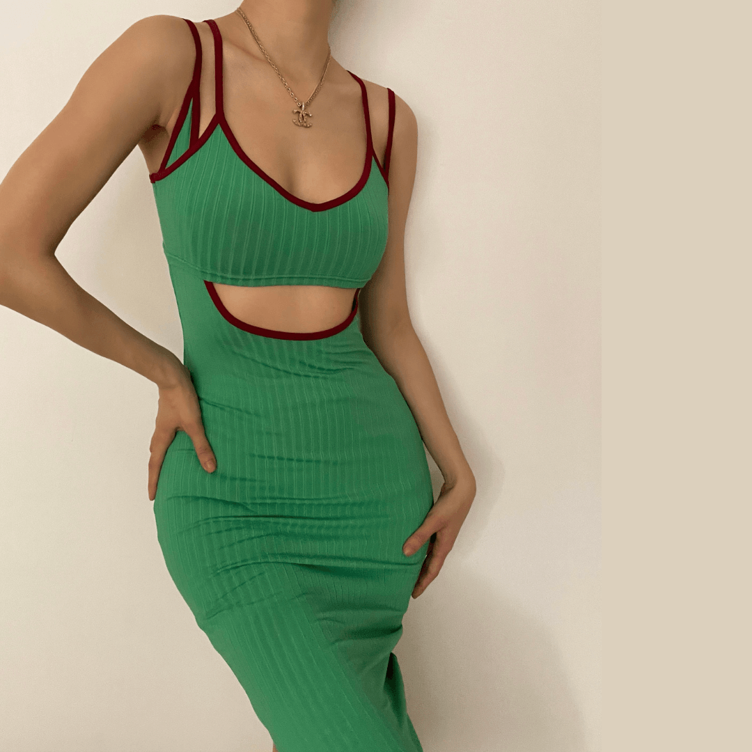 Hollow out V neck ribbed midi dress