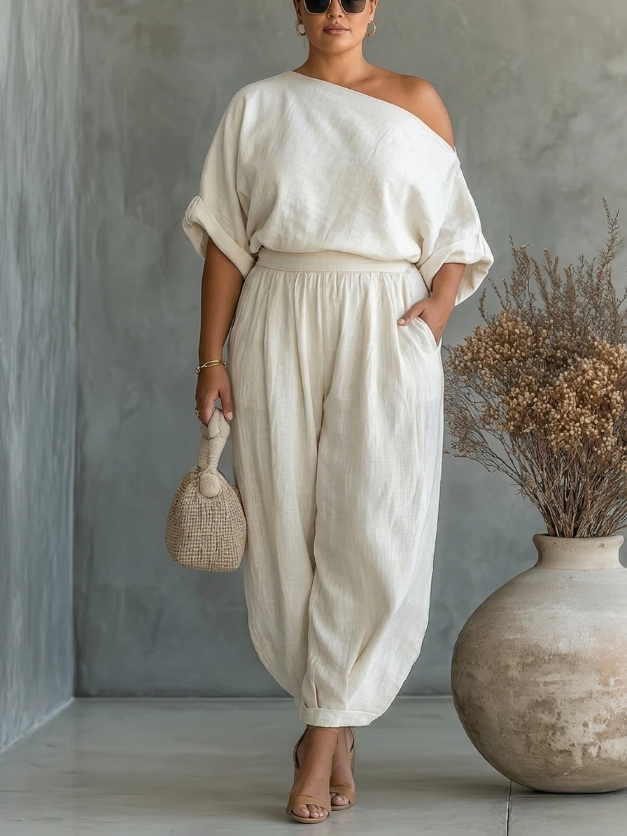 One Shoulder Short Sleeve Top and Wide Leg Pants Two Piece Set
