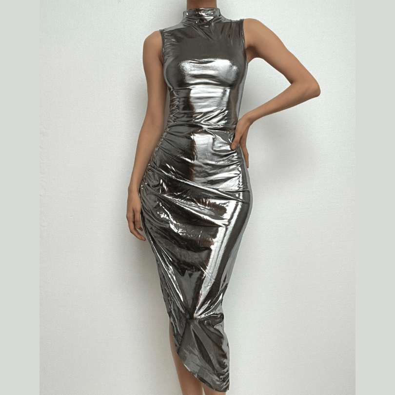Metallic irregular high neck sleeveless ruched midi dress - View 2