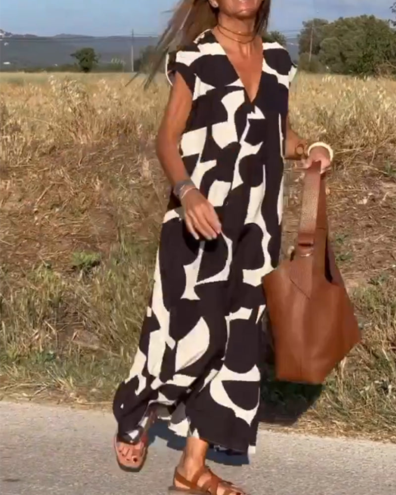 Abstract Print V-Neck Cap Sleeve Oversized Maxi Dress