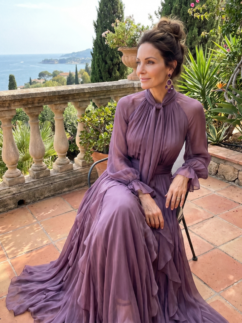 Tie Neck Long Sleeve Ruffle Tiered Chiffon Maxi Gown