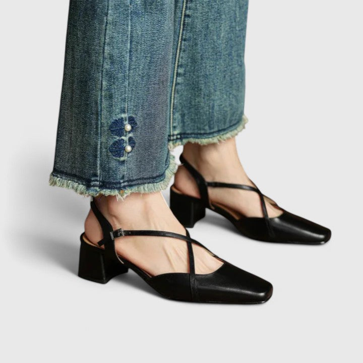 Square Toe Slingback Cross Strap Block Heel Pumps