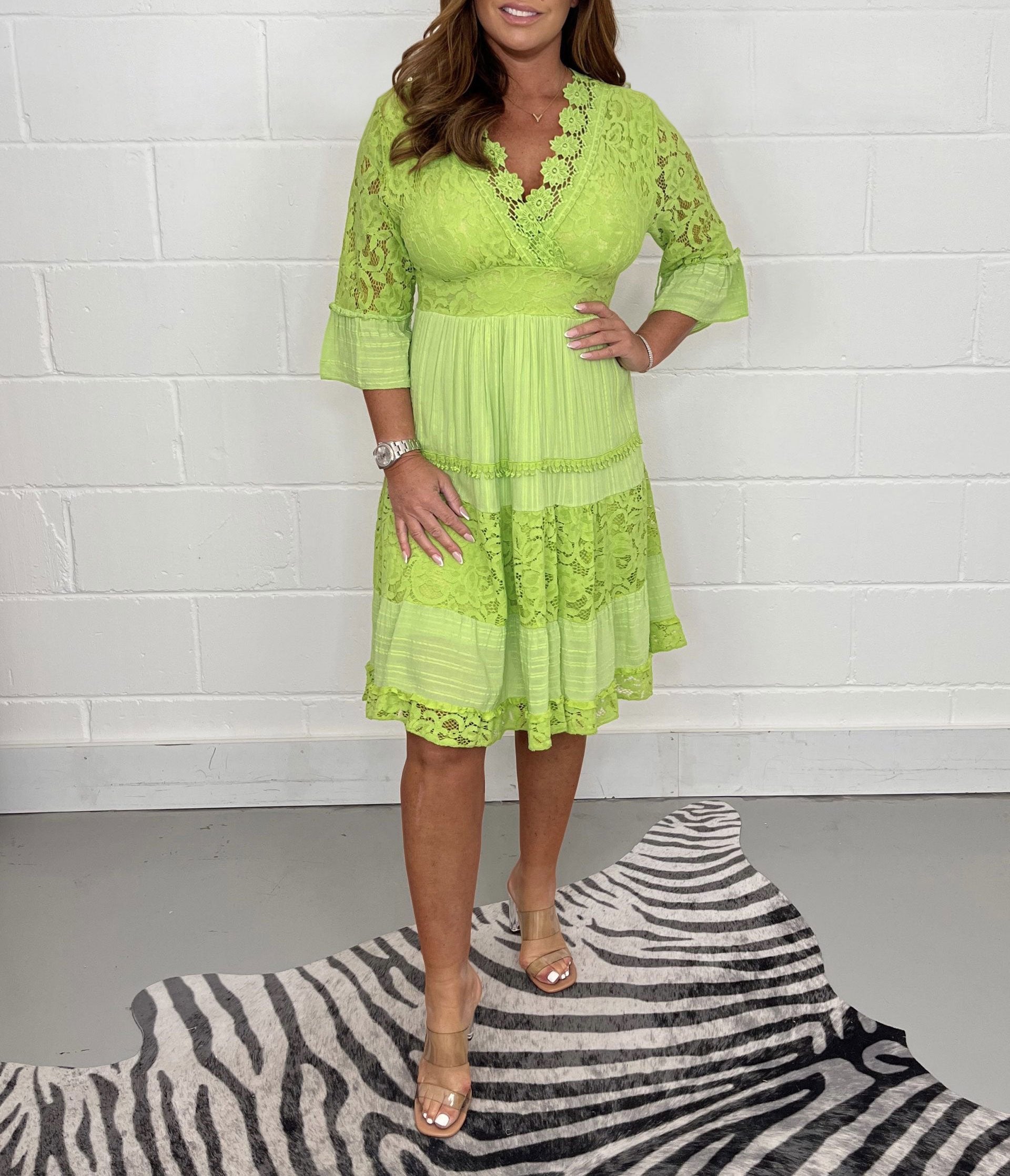 Lace Deep V-Neck Bell Sleeve Tiered Scalloped Lace A-Line Midi Dress