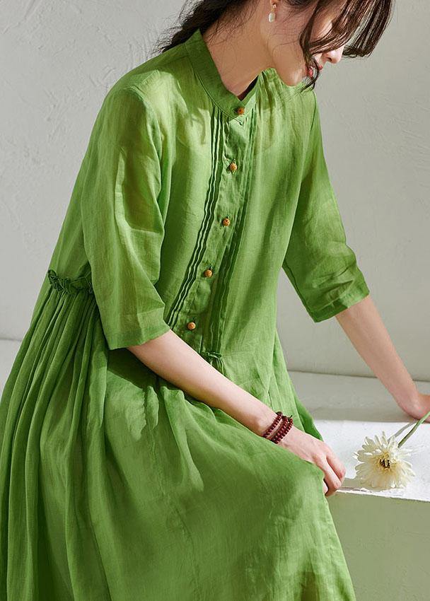 Mandarin Collar Button Placket Pintuck Drop Waist Half Sleeve Gauze Maxi Dress