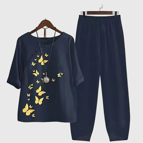 Butterfly Print Short Sleeve Top and Pants Two Piece Set