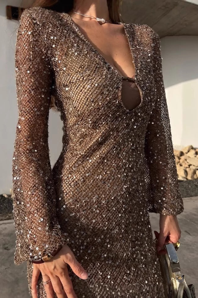 Sequin Deep V-Neck Long Sleeve Keyhole Cut Out Bodycon Dress