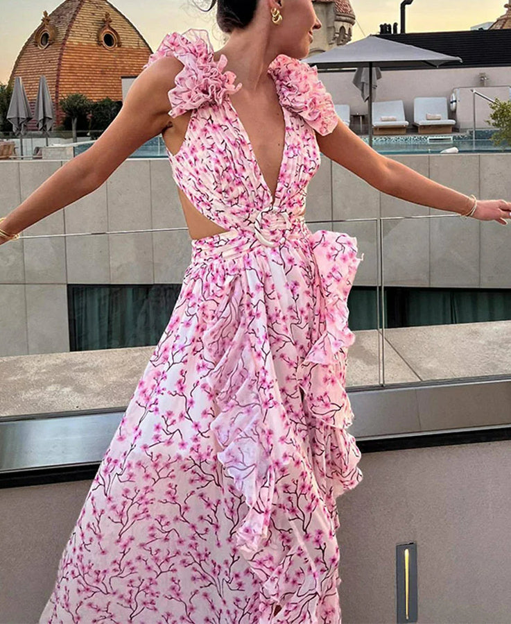 Floral Deep V-Neck Ruffle Shoulder Cut Out Waist Split Maxi Dress