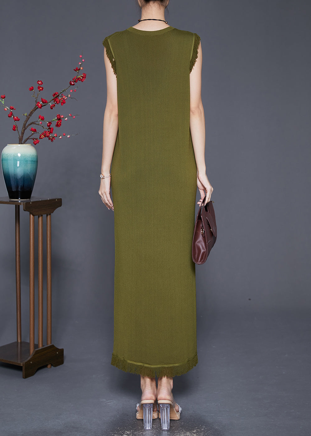 Knit Sleeveless Fringe Trim Crew Neck Column Maxi Dress