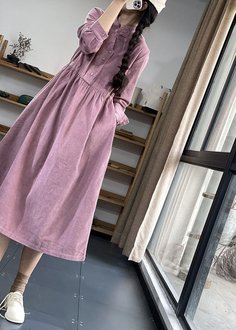 Corduroy Mock Neck Button Front Long Sleeve Pocket Midi Dress