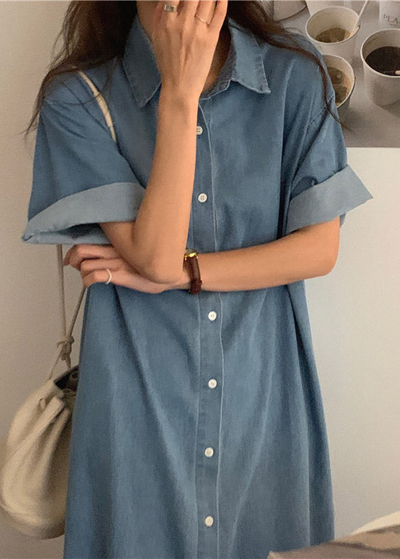 Denim Button Down Shirt Collar Short Sleeve Rolled Cuff Side Slit Midi Shirt Dress