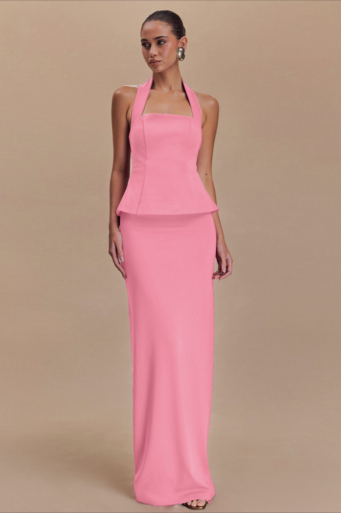 Halter Neck Backless Peplum Maxi Gown