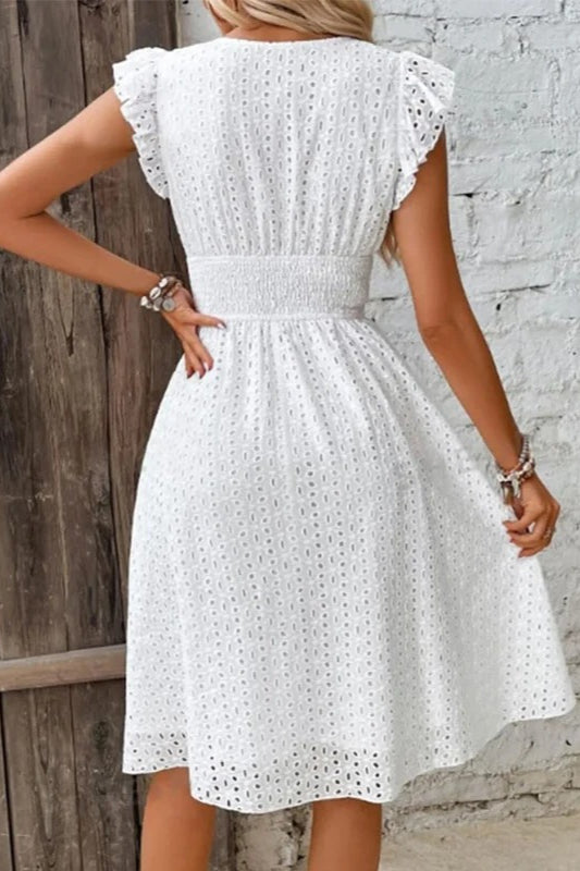 Eyelet Embroidered Surplice V-Neck Ruffle Sleeve Smocked Waist Midi Dress 3