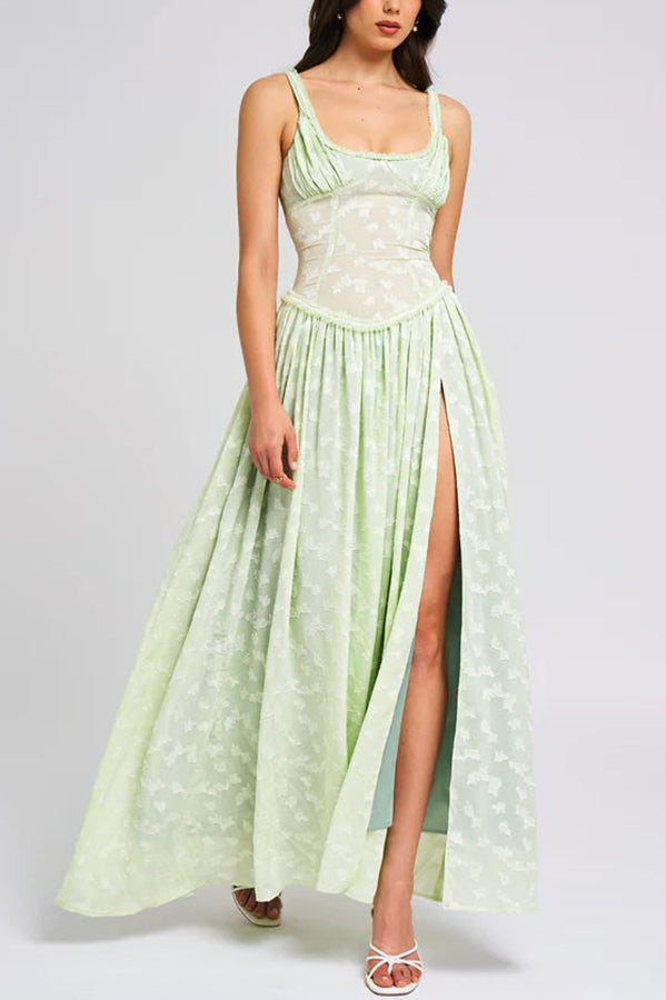 Jacquard Square Neck Sleeveless Corset Bodice High Split Maxi Dress 9