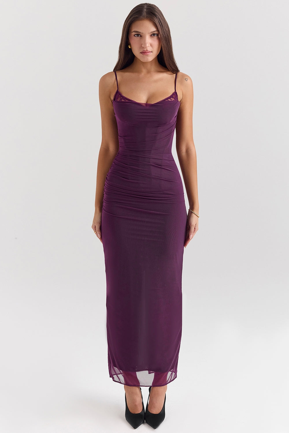 Sheer Mesh Ruched Corset Lace Trim Cami Bodycon Maxi Dress 3