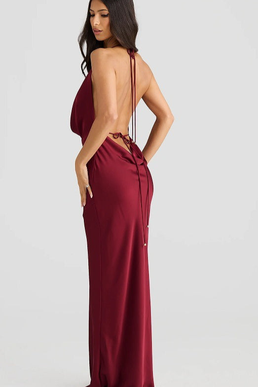 Satin Cowl Neck Halter Plunge Backless Mermaid Maxi Gown