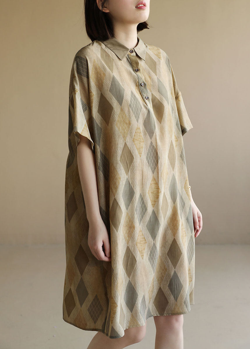 Argyle Print Polo Collar Button Front Pocket Short Sleeve Shift Dress