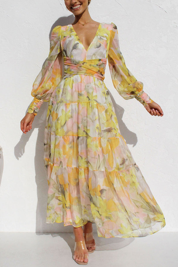 Abstract Floral Print Deep V-Neck Bishop Sleeve Tiered Wrap Waist Maxi Dress