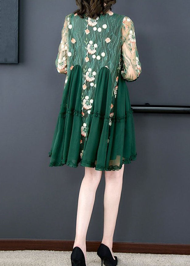 Floral Embroidered Mesh Round Neck Ruffle Cuff Tiered Pleated Mini Dress