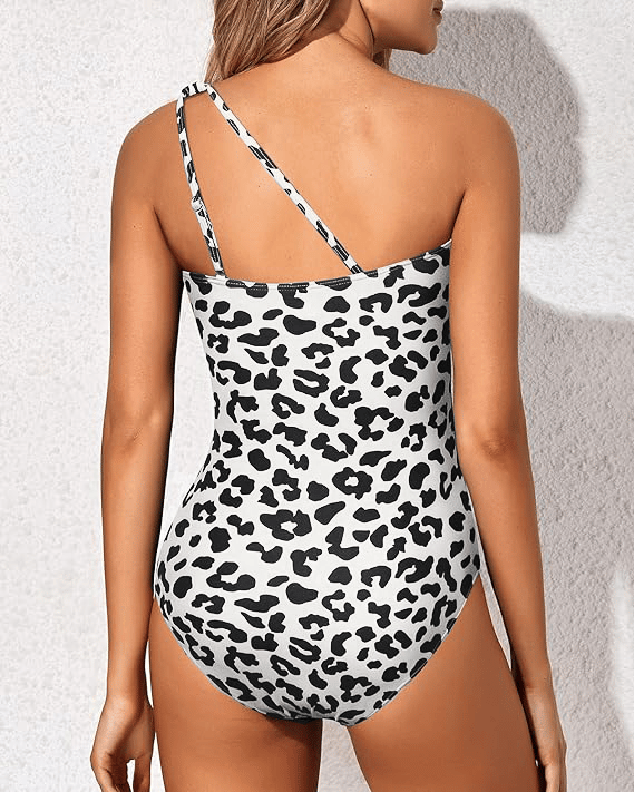 One Shoulder Ruched Tropical Print One Piece Swimsuit