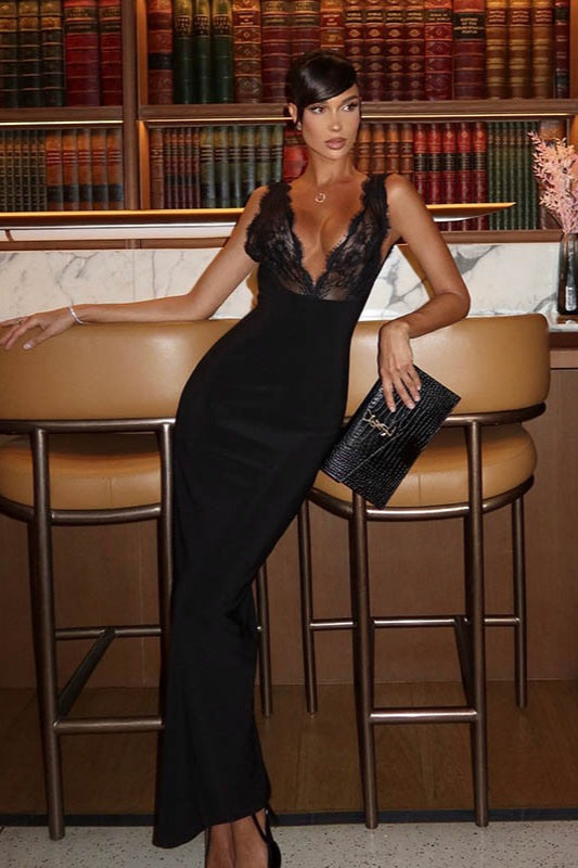 V-Neck Lace Panel Sleeveless Bodycon Lace Dress