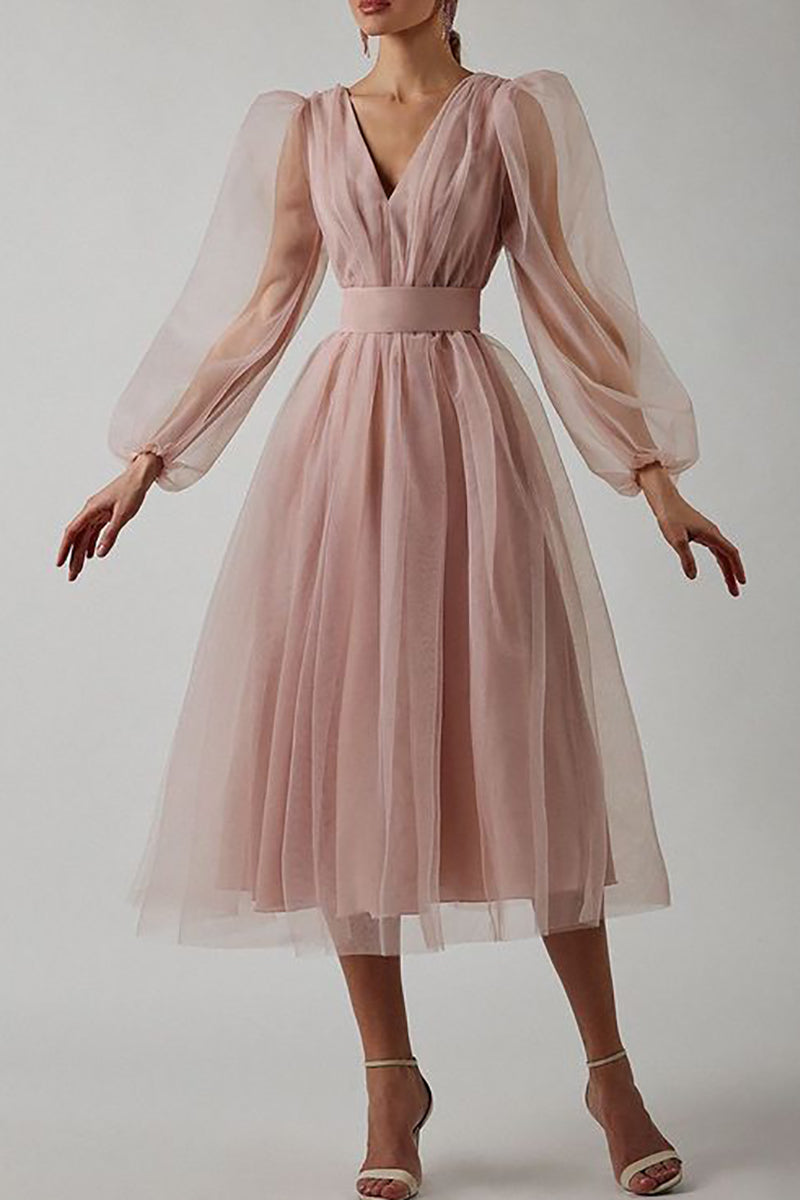 Tulle Deep V-Neck Split Lantern Sleeve Pleated Waistband A-Line Midi Dress