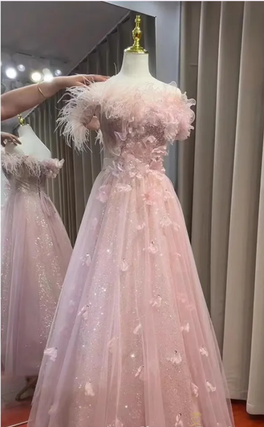 Pink Fairy Feathers Sequins Appliques Evening Dress A Line Formal Ball Gown cc1646