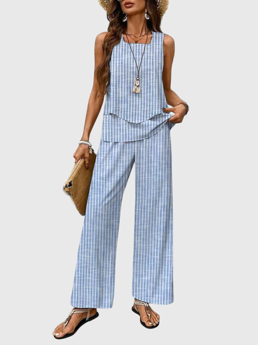 Sleeveless Top and Leaf Print Wide Leg Pants Two Piece Set