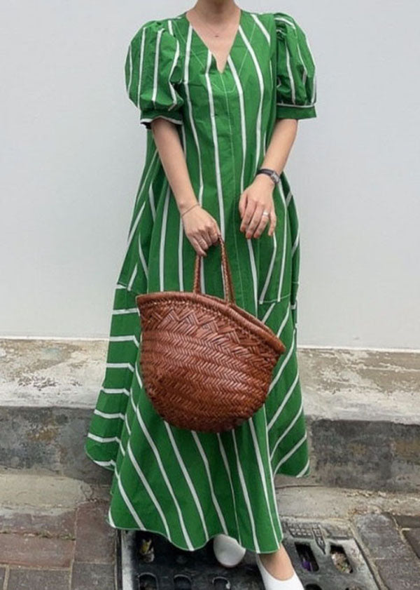 Striped V-Neck Puff Sleeve Tiered Flounce A-Line Maxi Dress