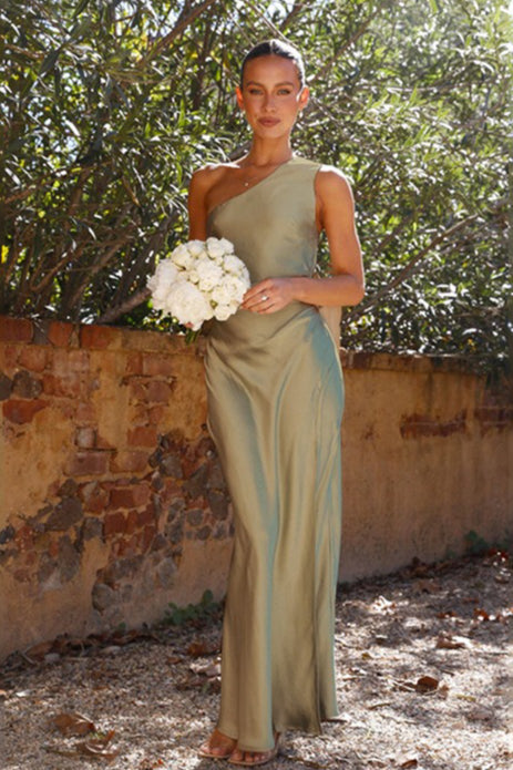 Satin One Shoulder Ruched High Split Slim Maxi Prom Dress