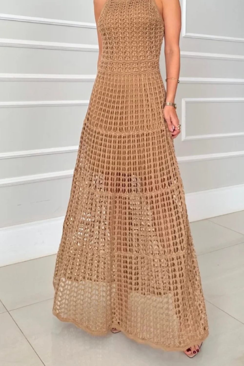 Crochet Knit Halter Neck Sleeveless Tiered Maxi Dress 5