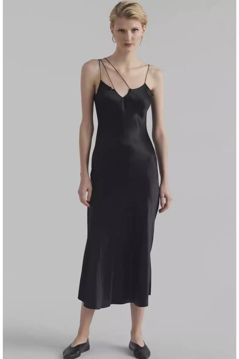 Satin Asymmetrical Spaghetti Strap Cut Out Slip Midi Dress