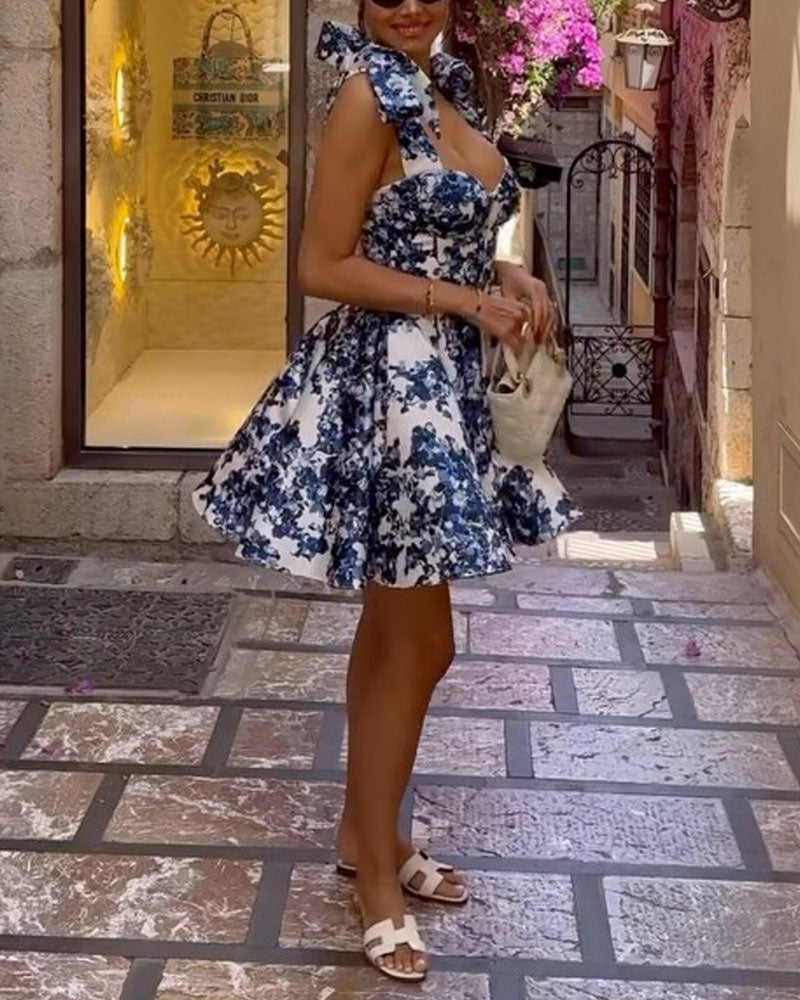 Floral Print Sweetheart Bustier Bow Strap Fit and Flare Mini Dress