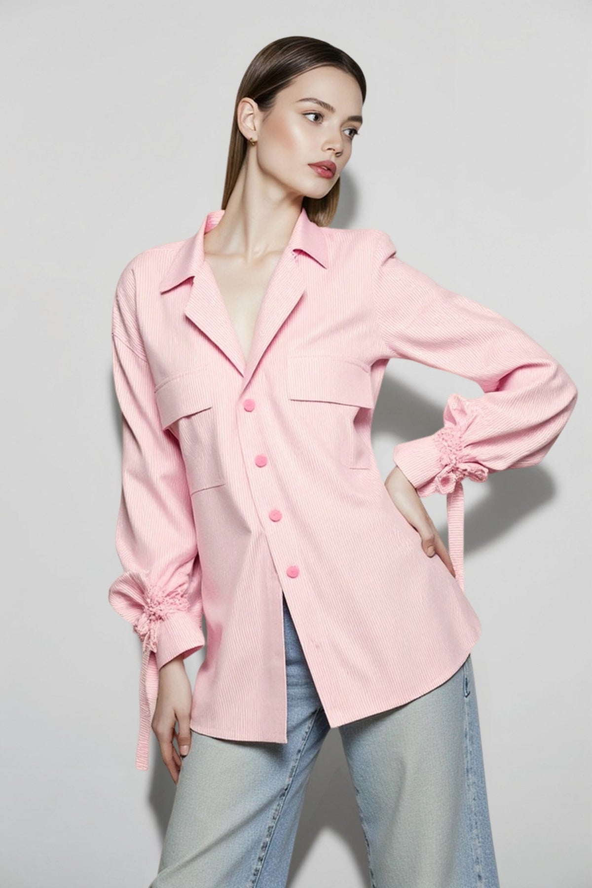 Pinstripe Notch Collar Flap Pocket Tie Cuff Button Front Shirt