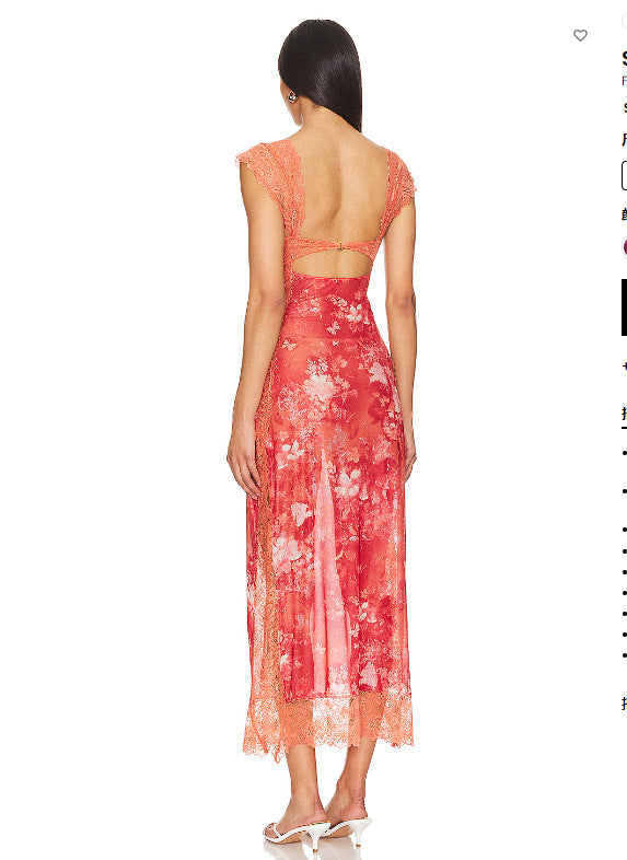 Floral Lace Trim Cut Out Slip Midi Dress 44
