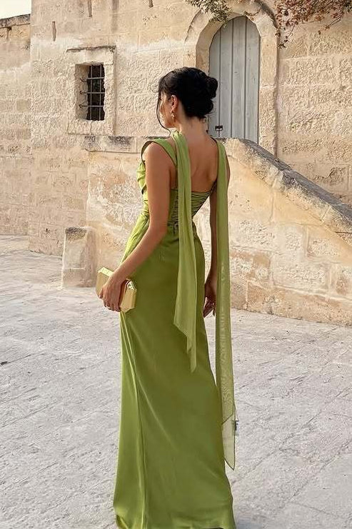Satin Square Neck Ruched Slim Fit Maxi Prom Dress